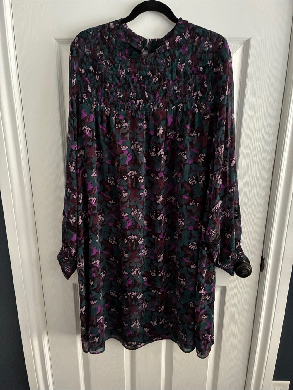 Penningtons Purple, Teal and Black Floral Long-Sleeve Dress
